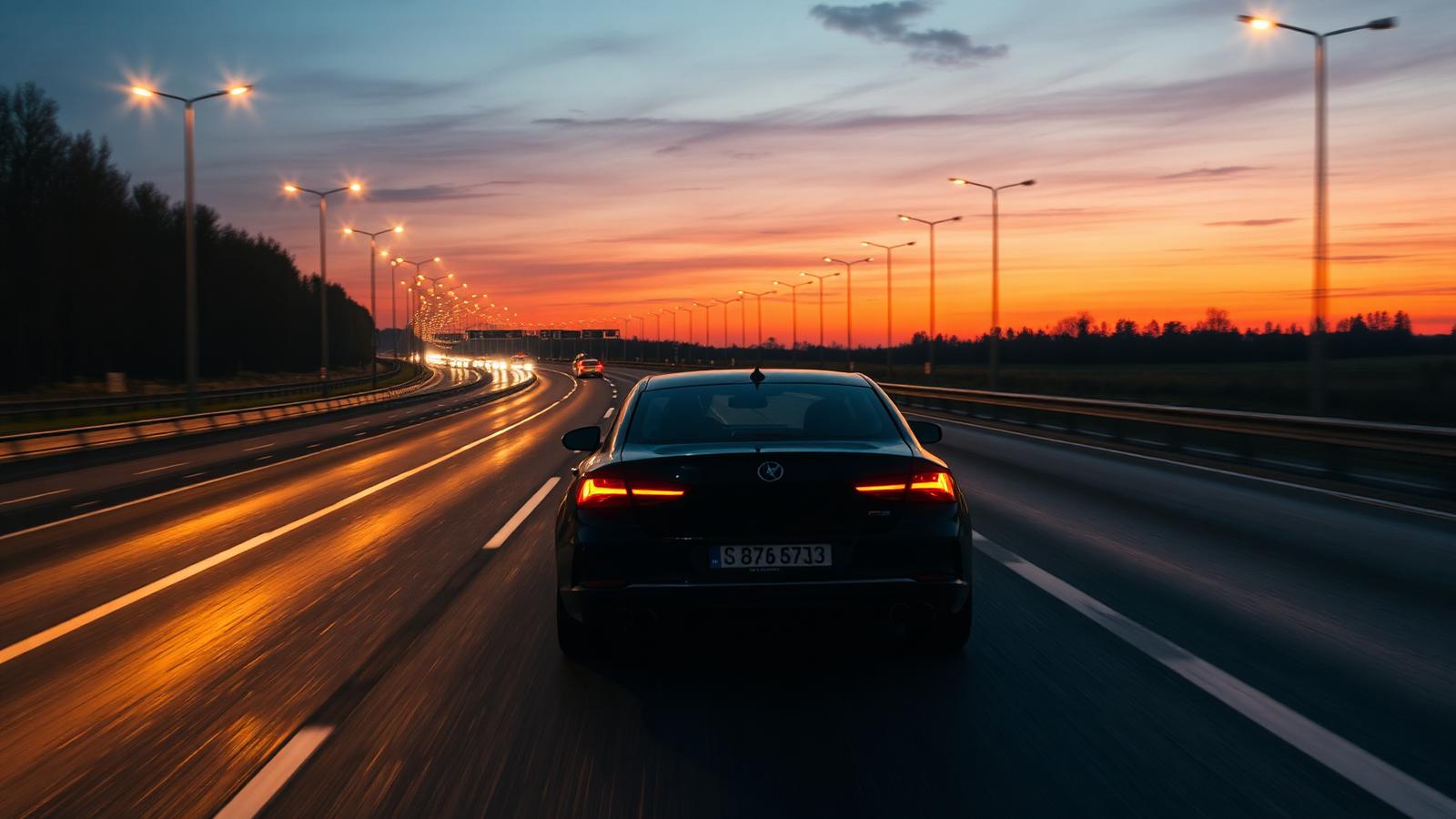 Auto op de Belgische snelweg in de avond met verlichte lantaarns