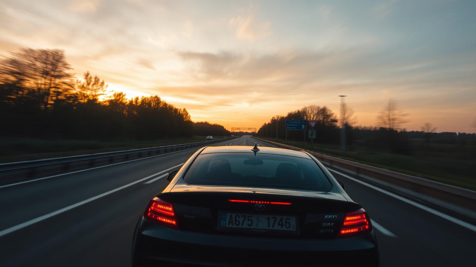 Auto onderweg op de Duitse Autobahn tijdens zonsondergang