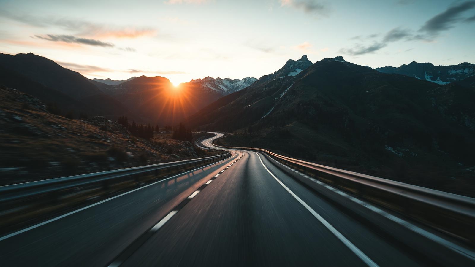 Bergweg in de Alpen bij zonsopkomst tijdens een Europese rit